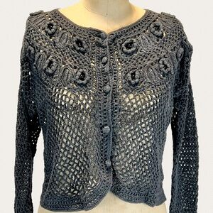 VINTAGE crochet open hole sweater‎ cardigan cropped shrug floral beaded y2k 90s